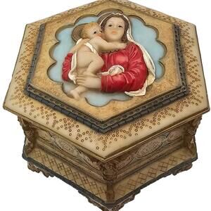 Jesus and MaryHand painted ceramic Lidded Trinket Box Japan. 5 Inches.